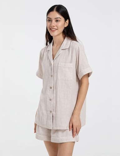 Womens Muslin Pajama Sets 100% Cotton Double Gauze Linen Like Short Pjs - color: Heathered Beige, size: X-Large