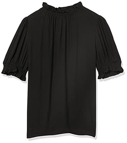 Amazon Essentials Women's Fluid Twill Short Puff Sleeve Ruffle Smock Detail Blouse - color: Black, size: Medium