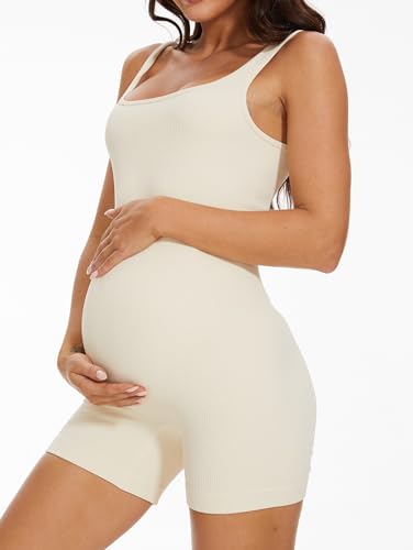 BDITANLE Maternity Workout Romper Pregnancy Yoga Ribbed One Piece Seamless Tank Top Jumpsuit - color: 02beige, size: Medium