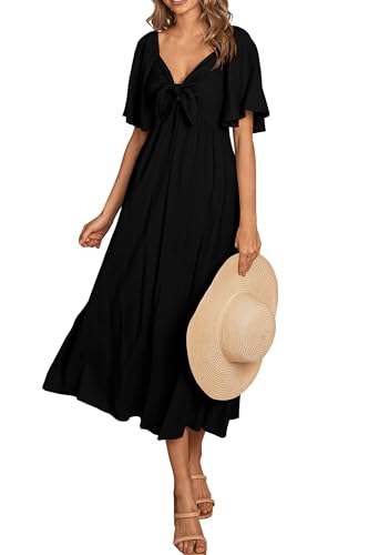 PRETTYGARDEN Women's Summer Bow Tie V Neck Midi Dresses - color: Black, size: Large