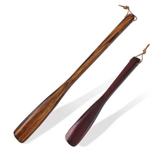 15'' Shoe Horn Long Handle for Seniors Men Women 9.7'' Short Shoes Spoon for Kids Wooden Shoehorn Boot Helper for Elderly Family Pregnant Travel 2PCS Set, Brown+ Wine