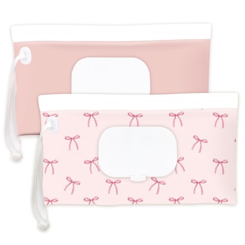 Wipe Dispenser and Wipes Container, 2 Pack Reusable Wipes Holder and Travel Wipes Case, Refillable Pouch for Baby Essentials, blush& bow Design (Blush) - color: Blush