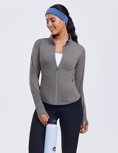 PINSPARK Women's Cropped Workout Jacket Lightweight Full Zip Running Jacket - color: Heather Grey, size: Medium