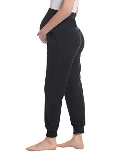 Joyaria Women's Cotton Maternity Jogger Pants Over The Belly with Pockets - color: Black, size: Medium
