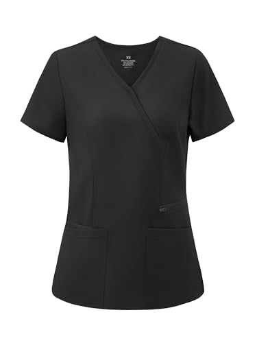 Scrub Tops for Woman, Mock Wrap Tops - color: Black, size: X-Large