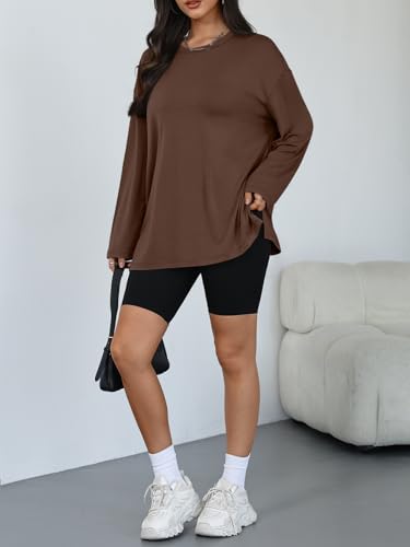 Trendy Queen Womens Oversized Side Slit Long Sleeve Shirts Fall Tops - color: Brown, size: Medium