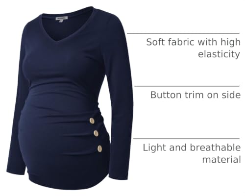 GINKANA Maternity Shirt Long Sleeve Basic Top Ruch Sides Buttons Tshirt for Pregnant - color: Navy Blue, size: Small