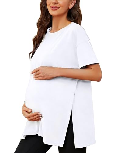 Ecavus Maternity Shirts Side Split Soft Cotton Loose Fit Pregnancy Tops - color: White, size: Small