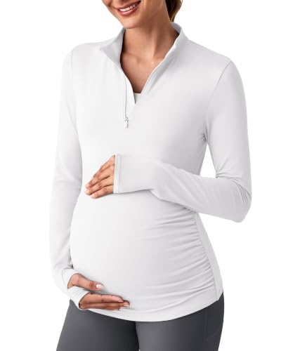 G4Free Lightbreeze Maternity Shirts Long Sleeve Quarter Zip Pregnancy Top - color: White, size: Medium