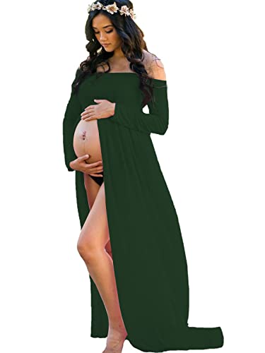 YnimioAOX Maternity Photoshoot Dress Off Shoulder Long Sleeve - color: Hunter Green