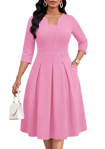 FANDEE Women's Church Midi Dress, 3/4 Sleeve A-Line Fit and Flare Work Dresses with Pockets - color: 006pink, size: 3X-Large