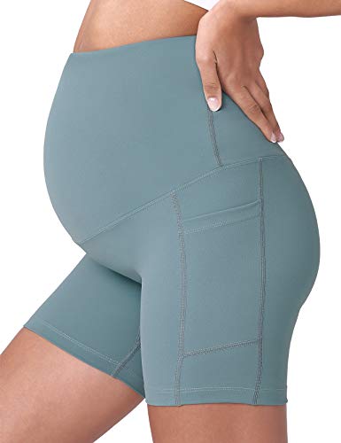POSHDIVAH Maternity Biker Shorts Over the Belly with Pockets 5"/8" - color: Black Light Green, size: Large