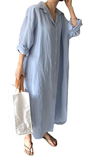 GGUHHU Womens Chic Button Down Rolled-Up Sleeve Long Cotton Blouse Maxi Dress - color: Light Blue, size: Small