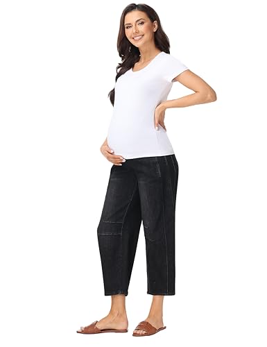 Foucome Maternity Jeans Over Belly Comfy Barrel Jeans - color: Wash Black, size: Small