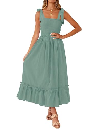Tobrief Women's Boho Dress Summer Spaghetti Strap Square Neck Flowy Ruffle Beach Long Maxi Dress - color: 05 Green, size: Small
