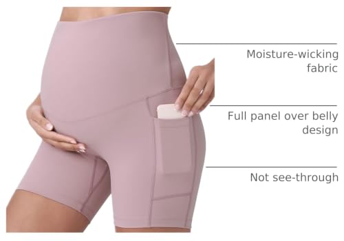 POSHDIVAH Maternity Biker Shorts Over the Belly with Pockets 5"/8" - color: Pink, size: Medium