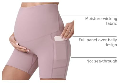 POSHDIVAH Maternity Biker Shorts Over the Belly with Pockets 5"/8" - color: Pink, size: Medium