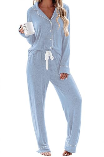 Ekouaer Women's Pajamas Long Sleeve Loungewear Casual Button Down Pjs - color: Blue, size: Medium