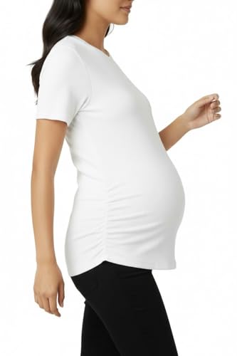 Motherhood Maternity Women's Short Sleeve Crew Neck Side Ruching Pregnancy Tee Shirt - color: White, size: Medium