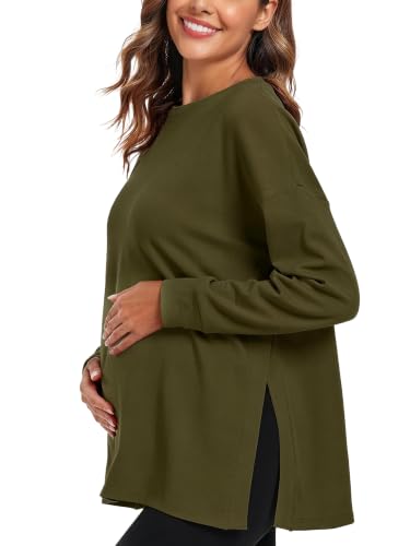 Ecavus Women's Maternity Shirts Long Sleeve Side Split Pregnancy Top - color: Army Green, size: Medium