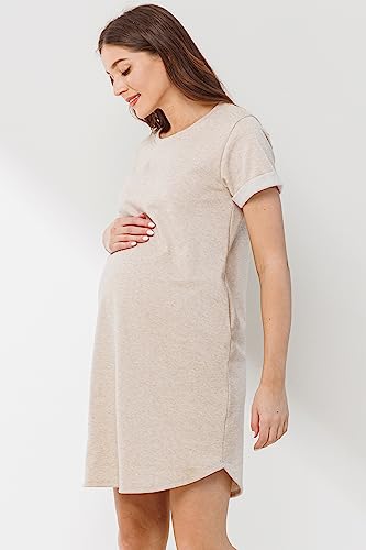 LaClef Womens Short Sleeve Maternity T-Shirt Dress with Pockets - color: Oatmeal, size: X-Large