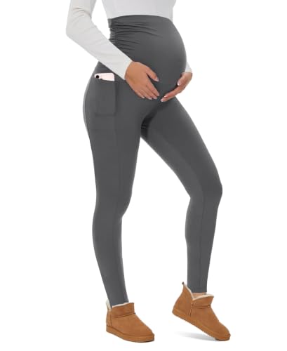 UBCUTE Women’s Maternity Fleece Lined Leggings with Pockets Warm Winter - color: Grey, size: Medium