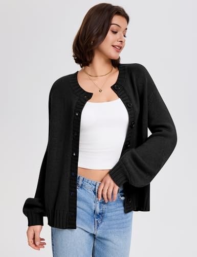 LOMON Womens Chunky Knit Cardigan Oversized Button Front Trend Sweater Tops - color: Black, size: Large