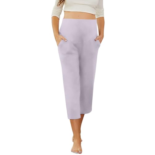 Maternity Capri Pants, Over The Belly Pregnancy Pants with Pocket - color: Light Purple, size: Medium