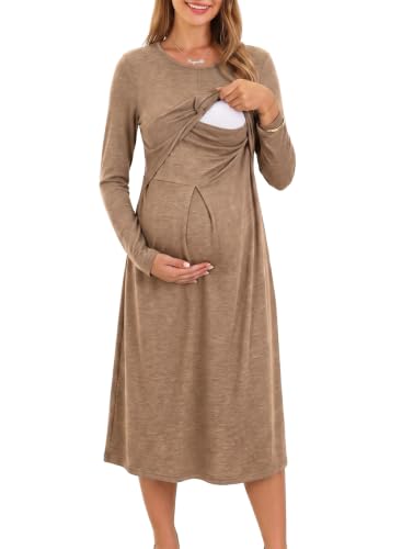 BLENCOT Maternity Nursing Midi Dress Twist Knot Pull Up Feed Postpartum - color: Parchment, size: X-Large