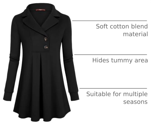 Gaharu Women's Swing Tunic Notch Collar Ladies Button Sweatshirt Long Sleeve Pullover Shirt Tops - color: Black, size: X-Large
