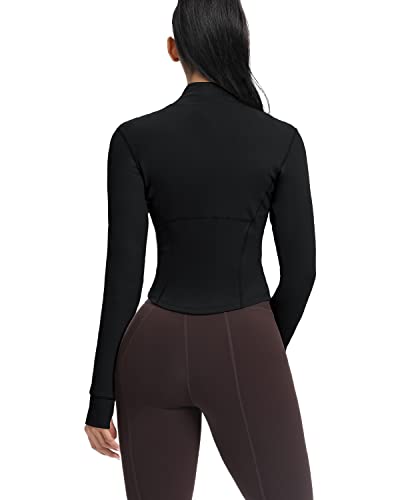 AVGO Women's Cropped Running Workout Jackets Zip Slim Fit Athletic Tops with Thumb Holes - color: Black, size: X-Small