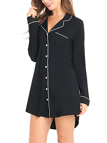 Cherrydew Women's Bamboo Viscose Cooling Long Sleeve Button Front Nightgown - color: Black, size: X-Large