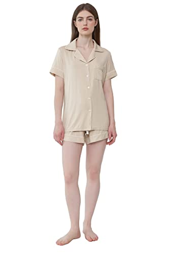 Cherrydew Women's Bamboo Viscose Cooling Button Up Pajama Shorts Set - color: Cream, size: X-Large