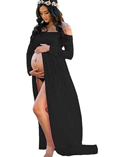 YnimioAOX Maternity Photoshoot Dress Off Shoulder Long Sleeve - color: Black
