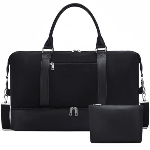 Oeihuivt Weekender Bags for Women - 21 Inch Large Travel Duffel Bag 2-Piece Set with Shoe Compartment, Heavy-Duty nylon & Leather Carry On Overnight Tote (Airplane Approved) - color: Black + 1 Extra Pack