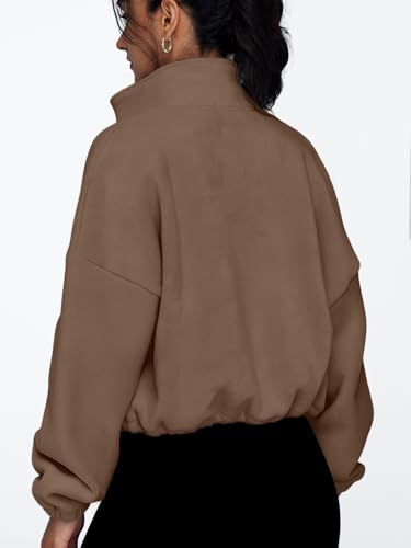 AUTOMET Womens Fleece Jackets Zip Up Oversized Cropped Sweatshirts - color: Coffee, size: Medium