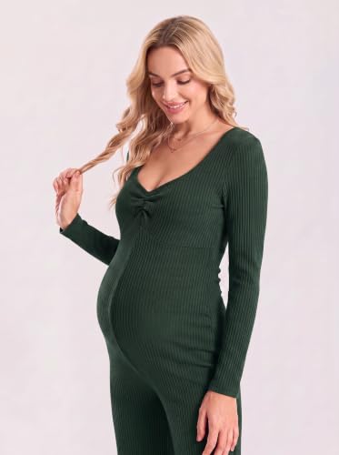 BLENCOT Maternity Ribbed Jumpsuit Long Sleeve Square Neck Stretchy Romper - color: Dark Green, size: Large