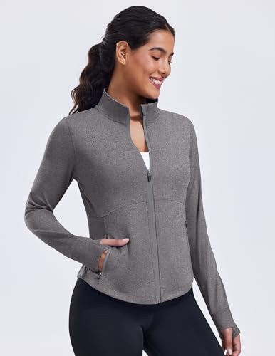 PINSPARK Women's Cropped Workout Jacket Lightweight Full Zip Running Jacket - color: Heather Grey, size: X-Large