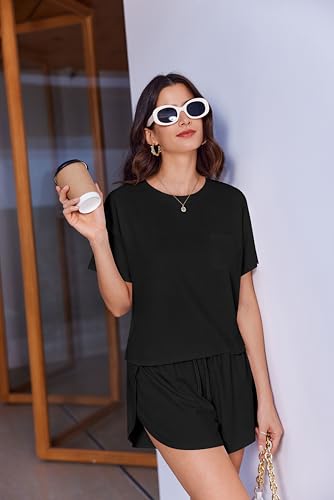 Ekouaer Womens Pajama Sets Sexy Lounge Sets Side Split Short Pj Sets - color: Black, size: X-Large