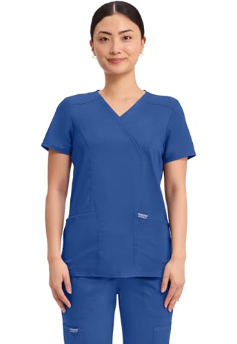 Cherokee Scrubs Top for Women Mock Wrap with 3 Pockets, Soft, 2-Way Stretch & Durable Fabric - WW610 - color: Galaxy Blue, size: 3X-Large Plus