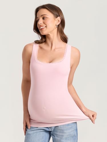 MOMANDA Cotton Ribbed Maternity Tank Tops - color: Strawberry Pink, size: X-Large