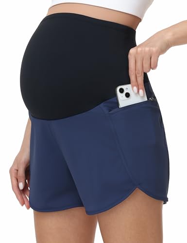 Foucome Womens 2 in 1 Maternity Athletic Shorts with Zipper Pocket - color: Navy Blue, size: Medium
