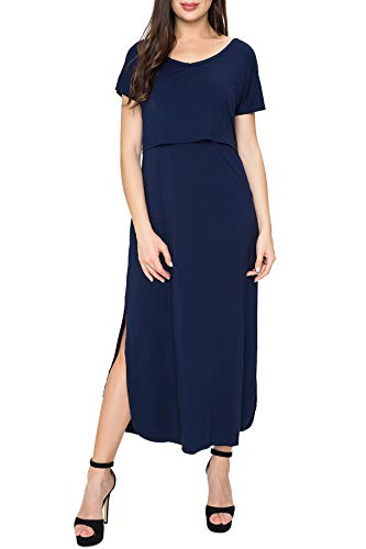 Smallshow Women's Maternity Nursing Dresses Split Long Dress for Breastfeeding - color: Dark Blue, size: XX-Large