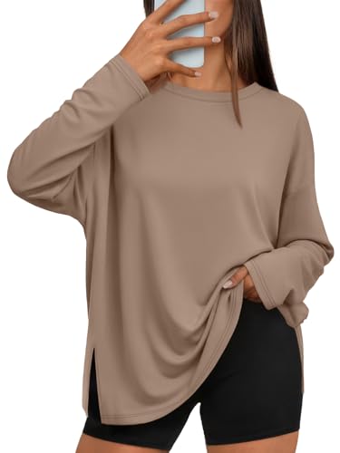 Trendy Queen Womens Oversized Side Slit Long Sleeve Shirts Fall Tops - color: Khaki, size: Large