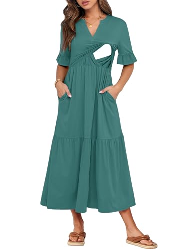 CzzzyL Womens Nursing Dresses Ruffle Sleeve V Neck Tiered with Pockets - color: Greyblue, size: Medium