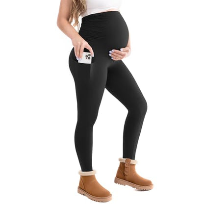Leafigure Maternity Fleece Lined Leggings with Pockets - color: Black, size: Small