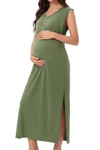 OUGES Women's Anti-Wrinkle Airy Layer Summer Maternity Dress V Neck Split Midi Nursing Dresses with Pockets 2026 - color: Army Green, size: XX-Large