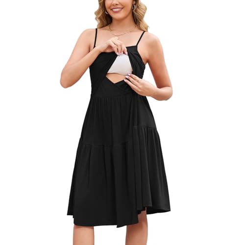 GINKANA Sleeveless Maternity Nursing Dress Summer Flowy Breastfeeding Dress - color: Black, size: XX-Large