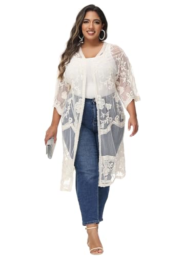 Anna-Kaci Women's Plus Size Lace Cardigan Embroidered Long Kimono Dusters with Half Sleeves - color: Beige, size: X-Large-XX-Large