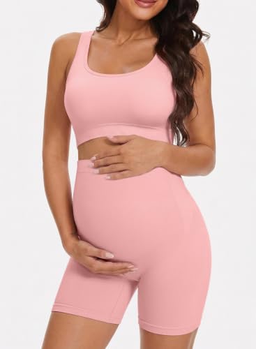 BLENCOT Maternity Workout Sets Pregnancy Yoga Ribbed Tank Tops with Bra - color: Pink, size: Large
